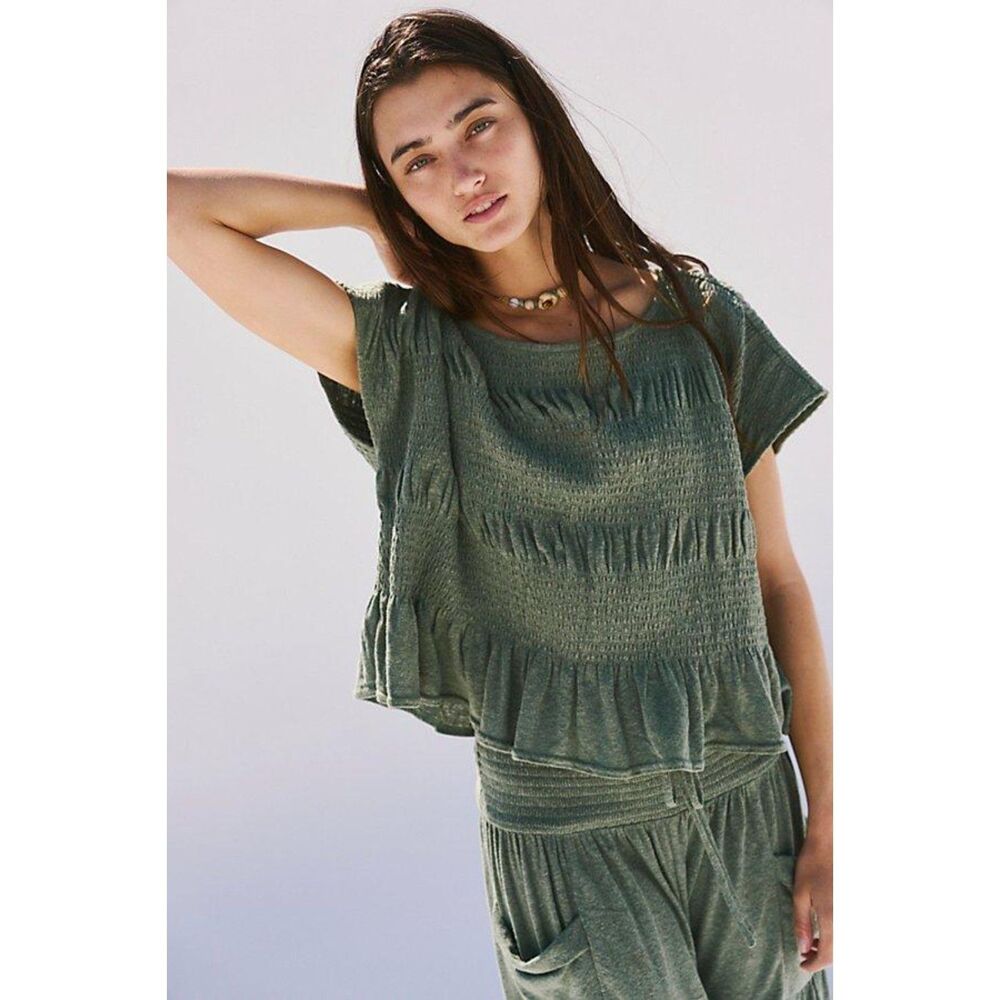 Free People We The Free Riley Set Top Green Smocked Peplum Olive Oversized Top
